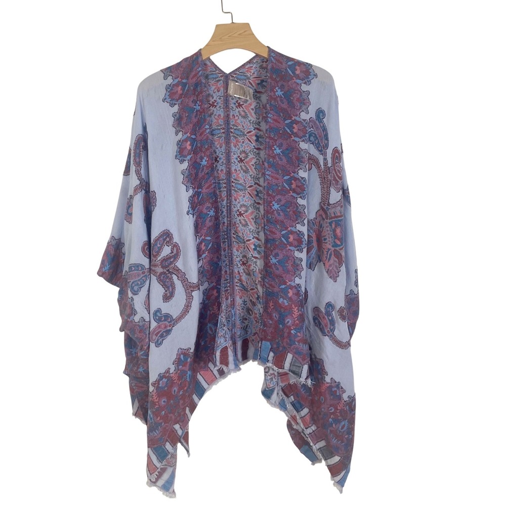 Chico's Paisley Jacquard Kimono Wrap Blue Purple Red One Size Fringe Hem